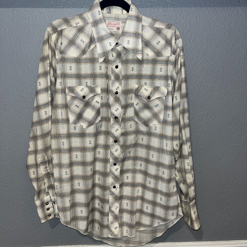 VINTAGE 50s WRANGLER PERMANENT PRESS PEARL SNAP EX LONG TAILS  SHIRT 16.5" X 35"
